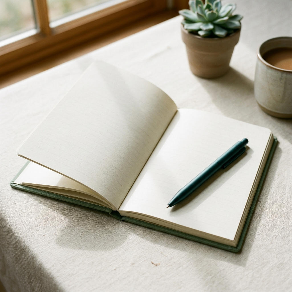 Google Gemini image of a coffee cup and notebook on a table.