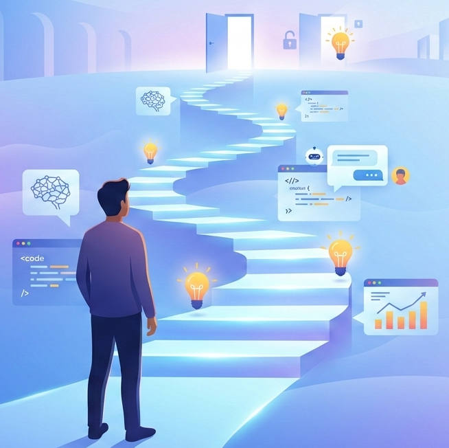 Hero Image: Man standing at the bottom of an AI learning staircase