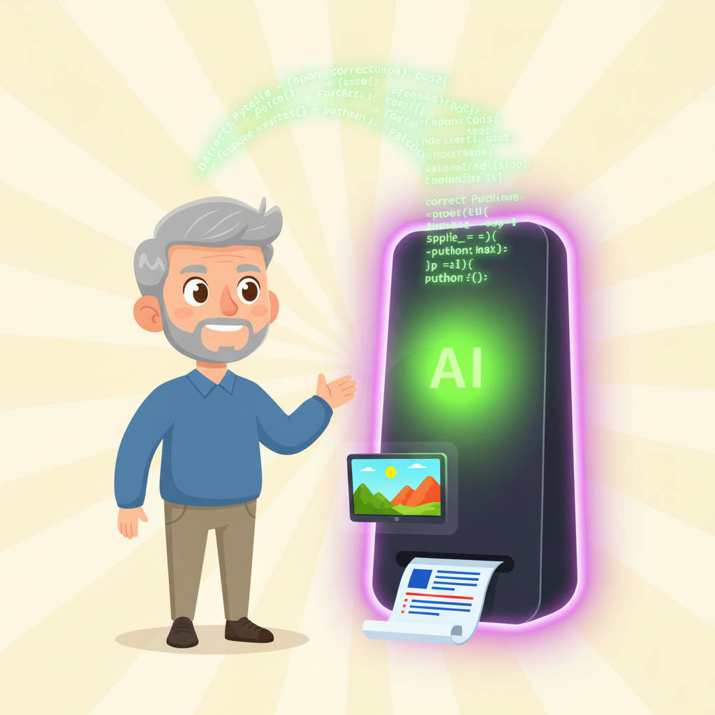 A friendly cartoon man standing next to a large, glowing, simple machine, the AI tool. It is rapidly spitting out useful output and the man is looking at the output with a look of joyful surprise. Image Generated by Google Gemini's Nano Banana