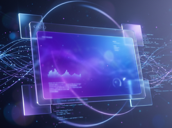 A 3D futuristic minimalist scene featuring a sleek floating holographic prompt window made of translucent glass-like material, subtle glowing code particles and neural network connections flowing gently around it, clean geometric shapes and soft light trails forming an abstract digital canvas. Image generated by Google Gemini AI.