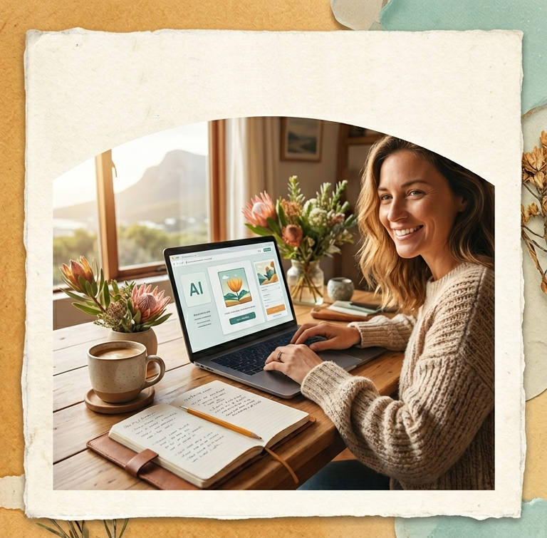 Happy lady at laptop inside with view of mountain outside the window. Image generated by Google Gemini.