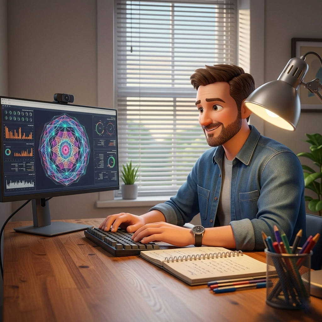 3D cartoon image of a happy man in his forties with short brown hair and a neatly trimmed beard is seated at a wooden desk, working on a large monitor. The screen displays a complex geometric design, charts, and data visualizations. He is smiling faintly, appearing focused and productive. The desk includes a keyboard, a notebook with notes, and pens. The room is cozy with soft, warm light from a desk lamp and a large window with horizontal blinds in the background. Image generated by Google Gemini.
