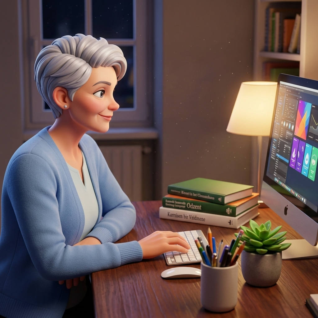 Google Gemini 3D cartoon image of a woman in her fifties with short, styled grey hair sits at a wooden desk in a warmly lit room. She has a confident smile as she focuses on a computer screen displaying a modern software interface. The desk is organized with a silver keyboard, a stack of books, a small potted succulent, and a cup of pens.
