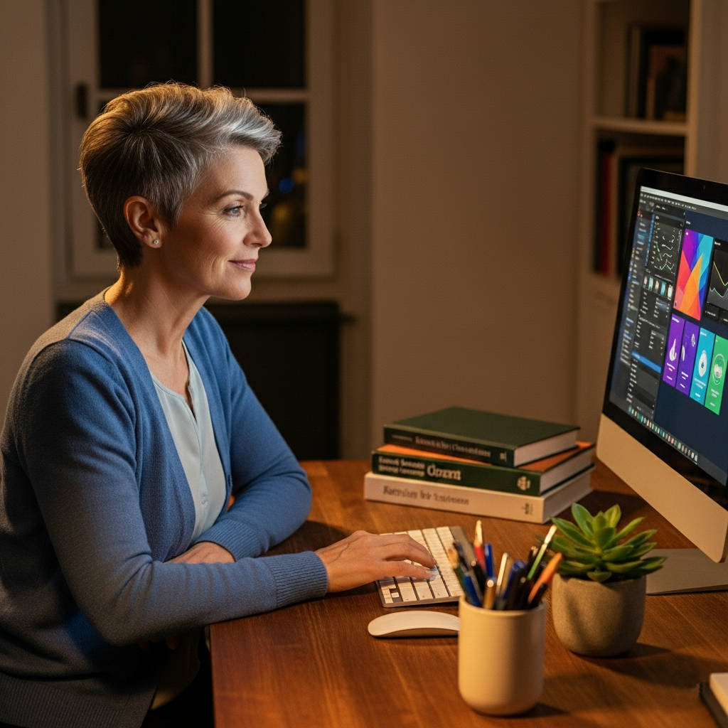 Google Gemini AI Generated Hyper-realistic image of A woman in her fifties with short, styled grey hair sits at a wooden desk in a warmly lit room. She has a confident smile as she focuses on a computer screen displaying a modern software interface. The desk is organized with a silver keyboard, a stack of books, a small potted succulent, and a cup of pens.